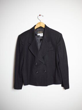 Vintage Black Wool Blazer | Double Breasted | Cropped | Size 14P Fits M